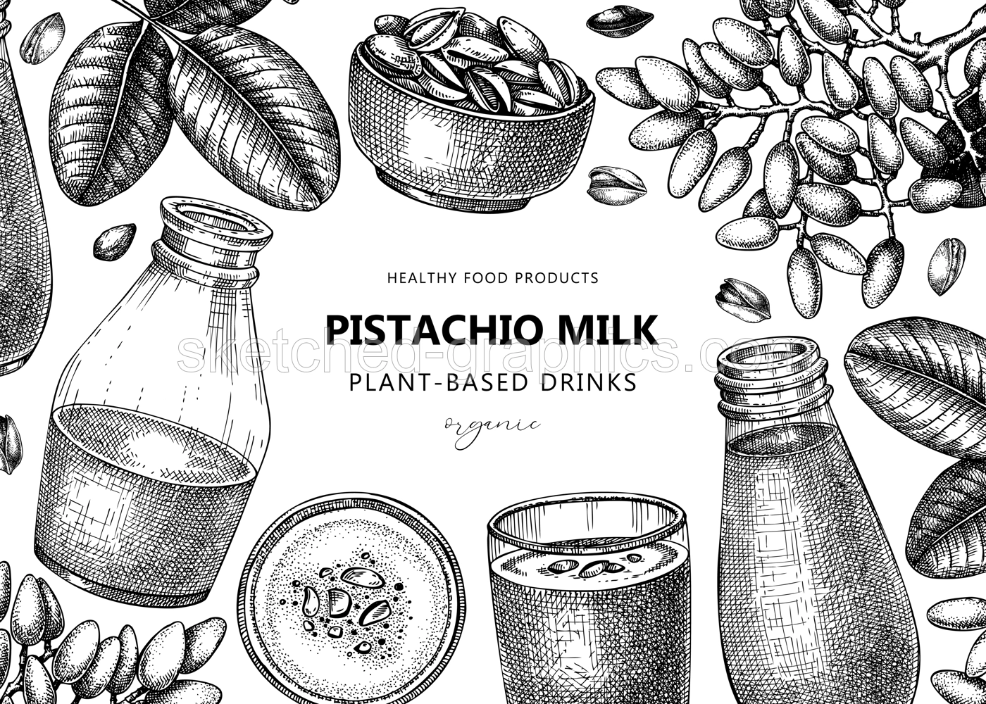 Vegetarian food background. Pistachio milk. Dairy products banner design. Print template with plant milk in glass, bottle, pistachio sketches. Healthy drink, nut milk vector illustration for packaging Illustration